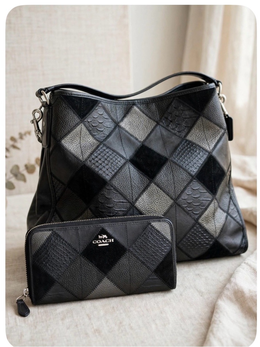 Coach Black Quilted Patchwork Leather Shoulder Bag with Matching Zip Wallet